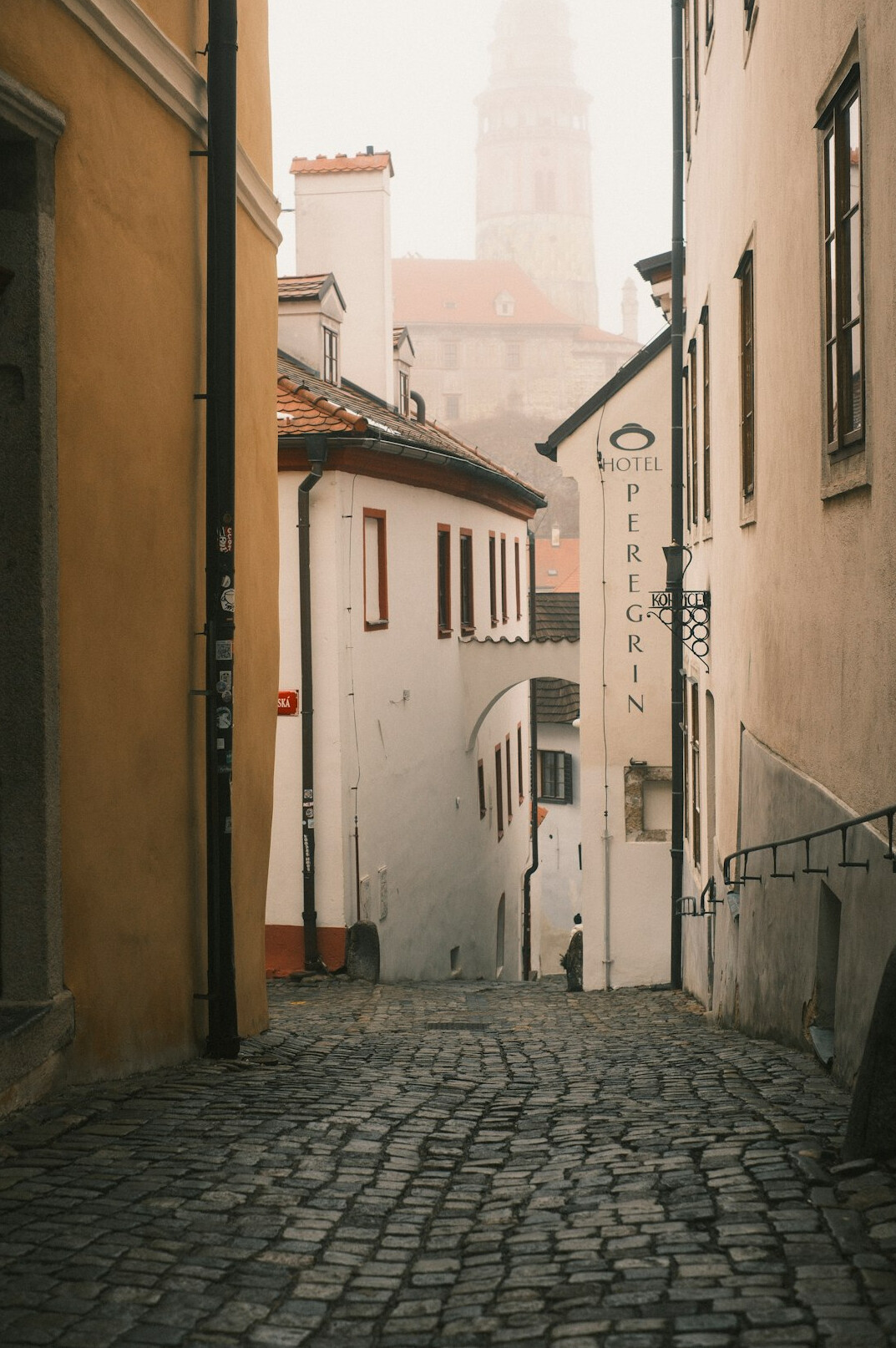 Narrow cobblestone street between old European buildings